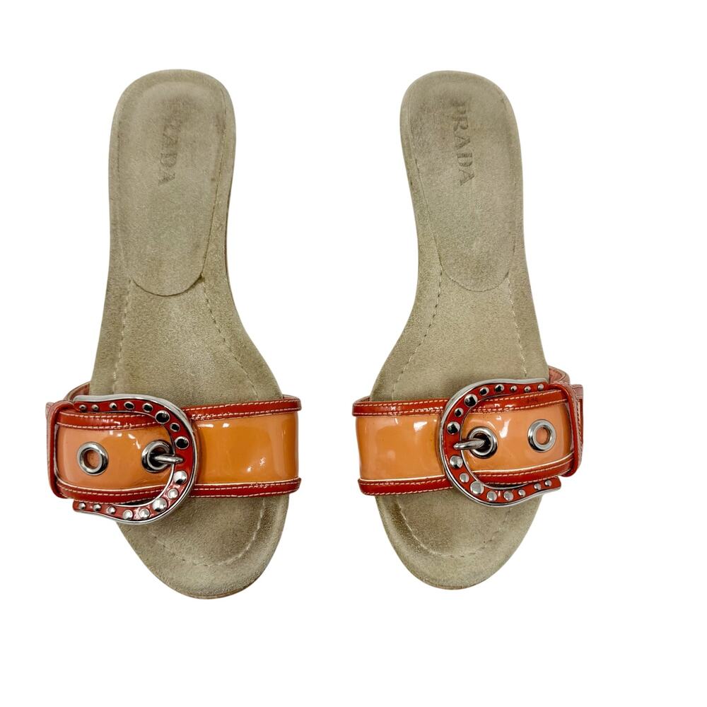 Prada Vintage Wood Platform Kitten Mule Orange Patent Buckle Studded EU 37 Y2K - Picture 3 of 8